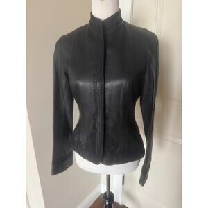 Nicole Farhi Black Soft Leather Moto Jacket Embroidery SZ 8 NWOT